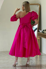 One Shoulder Bubble Sleeve A-Line Prom Dress with Split and Pockets