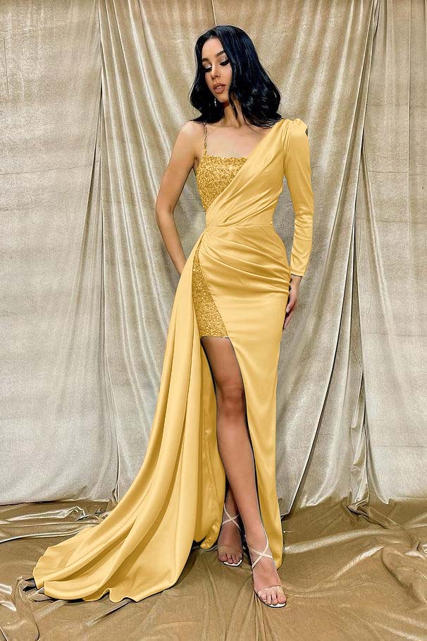 Light Green One Shoulder Long Sleeve Mermaid Prom Dress with Sequins and Split
