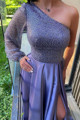 Lilac One Shoulder Long Sleeve Long Prom Dress with Sequins and Front Split