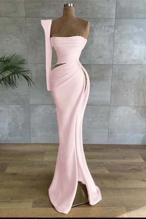 One Shoulder Long Sleeve Long Prom Dress with Beading and Split