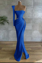 One Shoulder Long Sleeve Long Prom Dress with Beading and Split