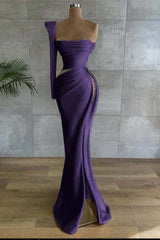 One Shoulder Long Sleeve Long Prom Dress with Beading and Split