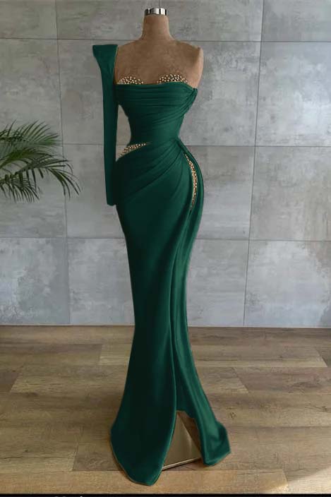 One Shoulder Long Sleeve Long Prom Dress with Beading and Split
