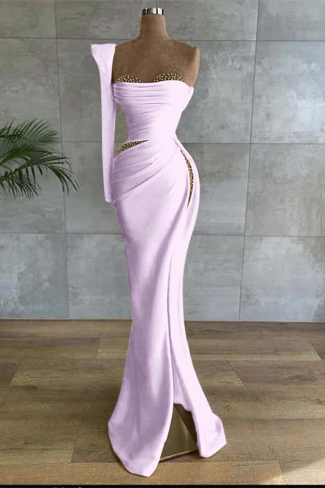 One Shoulder Long Sleeve Long Prom Dress with Beading and Split