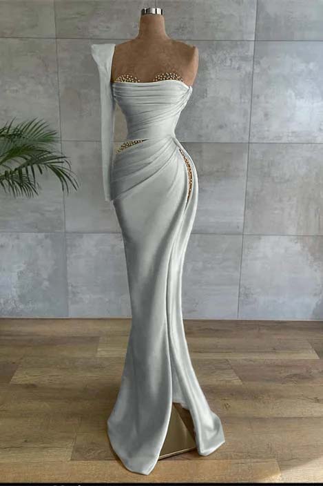 One Shoulder Long Sleeve Long Prom Dress with Beading and Split