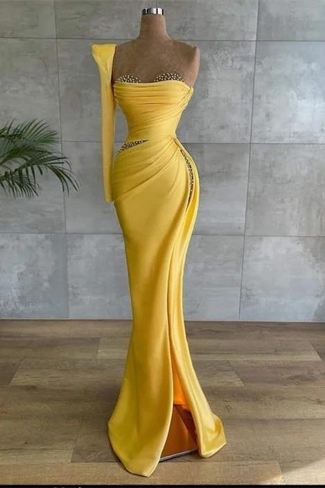 One Shoulder Long Sleeve Long Prom Dress with Beading and Split