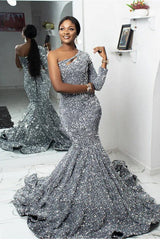 One Shoulder Long Sleeve Mermaid Long Prom Dress with Sequins