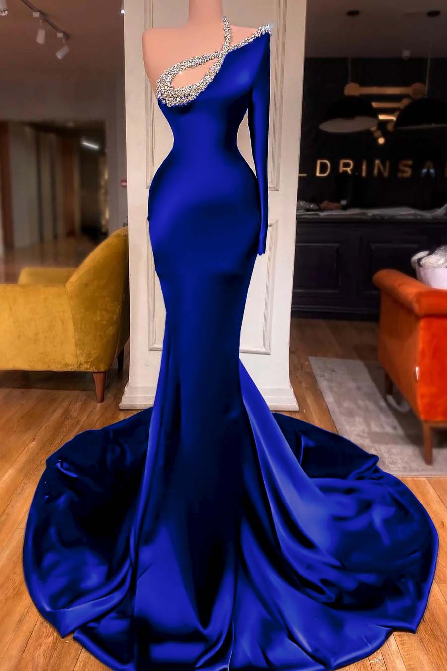 One Shoulder Long Sleeve Mermaid Long Prom Dress with Beading