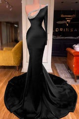One Shoulder Long Sleeve Mermaid Long Prom Dress with Beading