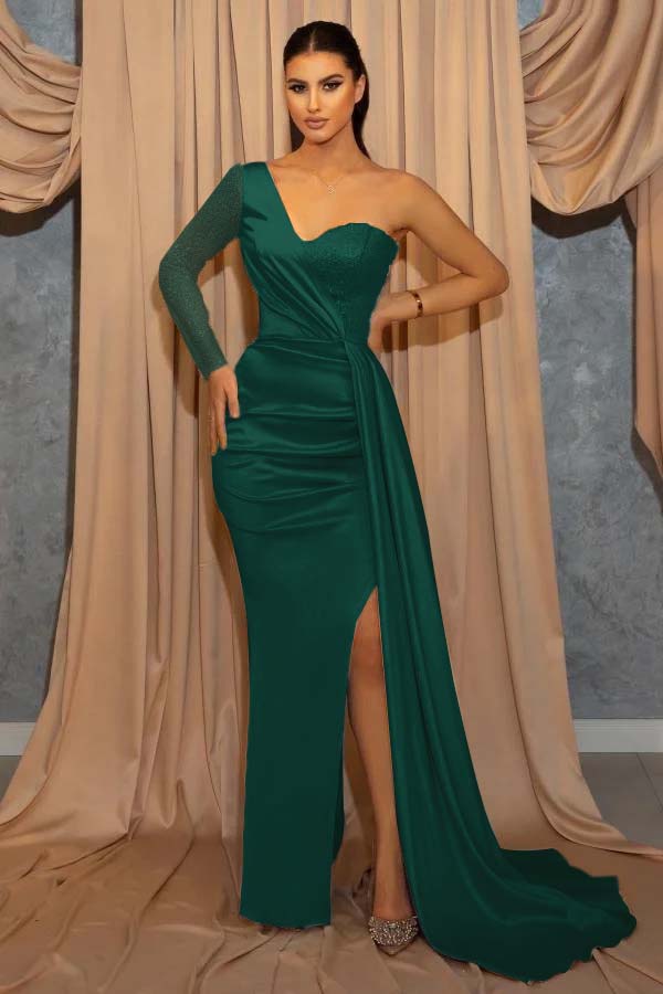 Sky Blue One Shoulder Long Sleeve Sweetheart Mermaid Prom Dress with Sequins and Split