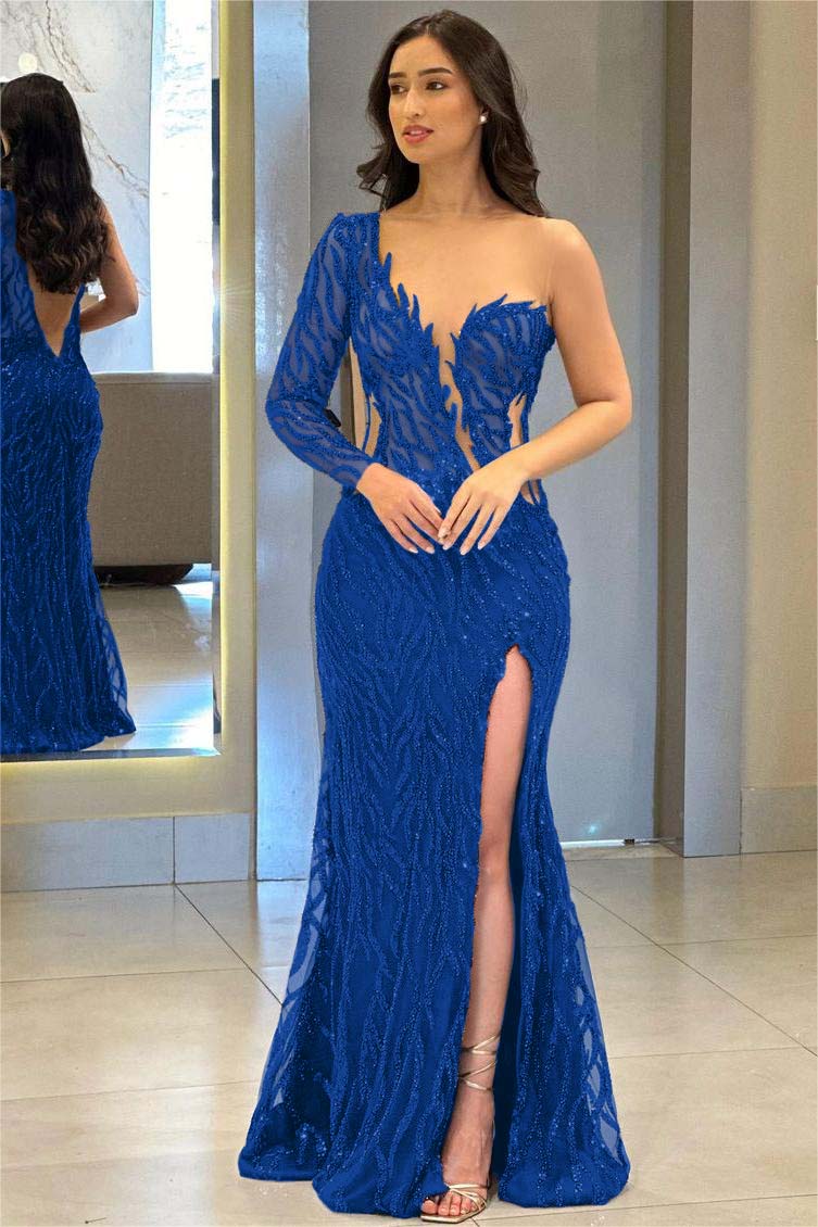 One Shoulder Long Sleeve Backless Mermaid Prom Dress with Split Appliques