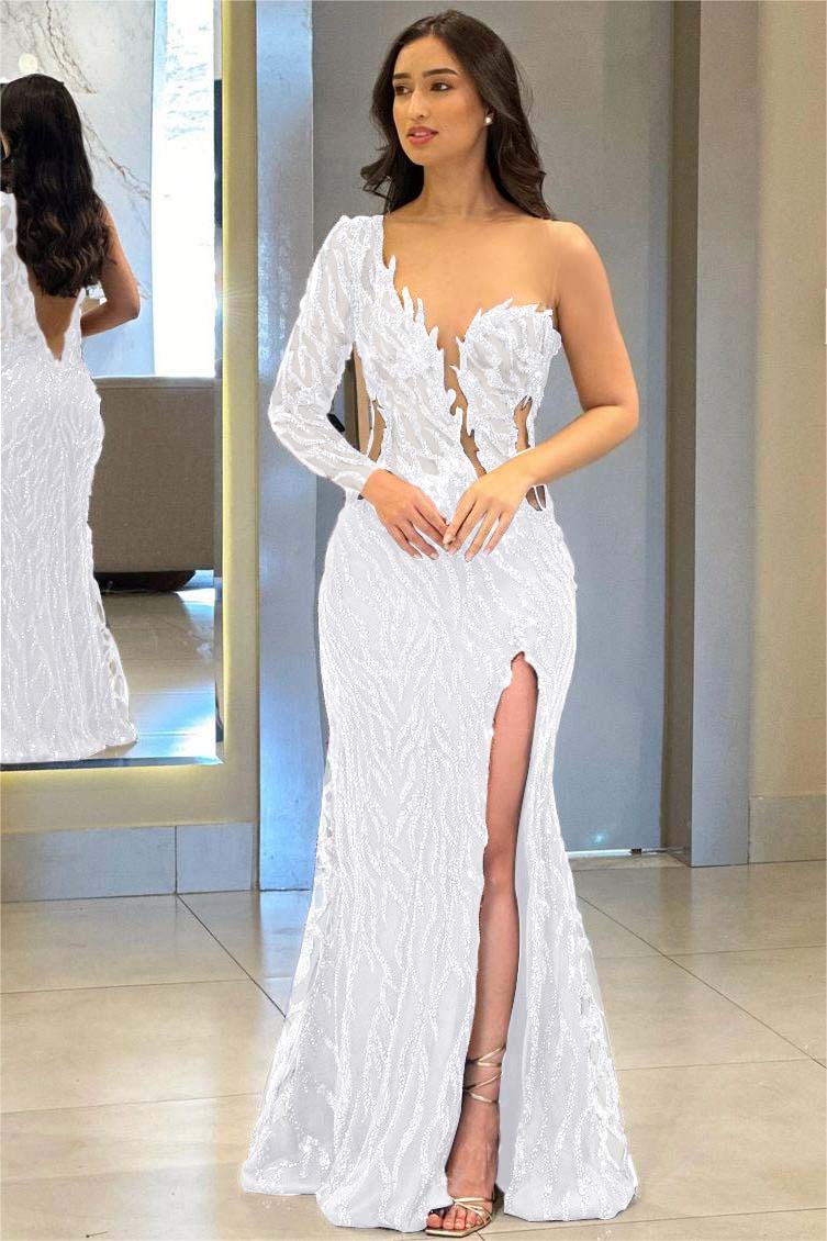 One Shoulder Long Sleeve Backless Mermaid Prom Dress with Split Appliques