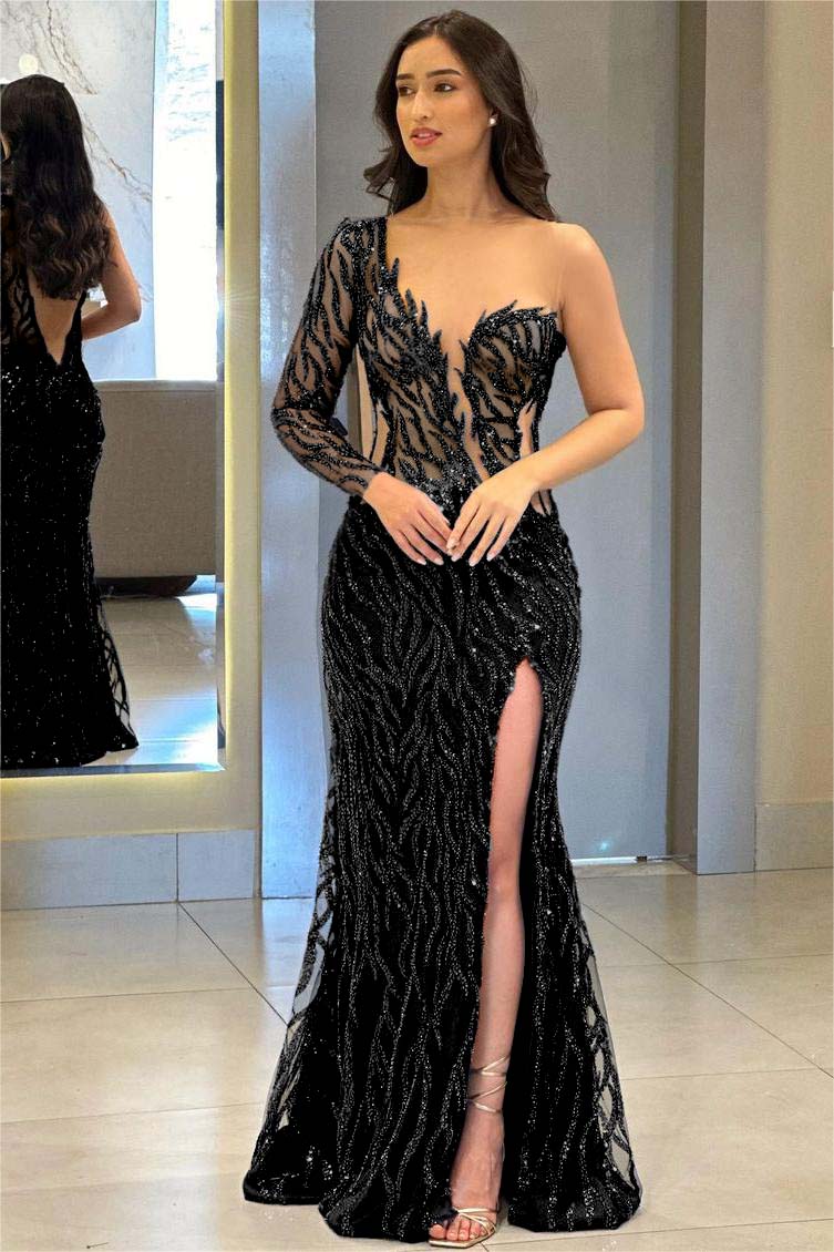 One Shoulder Long Sleeve Backless Mermaid Prom Dress with Split Appliques
