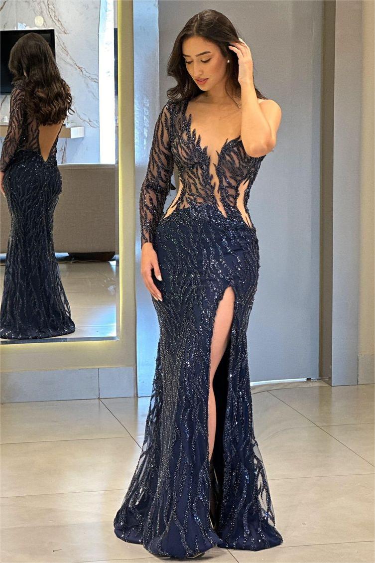 One Shoulder Long Sleeve Backless Mermaid Prom Dress with Split Appliques