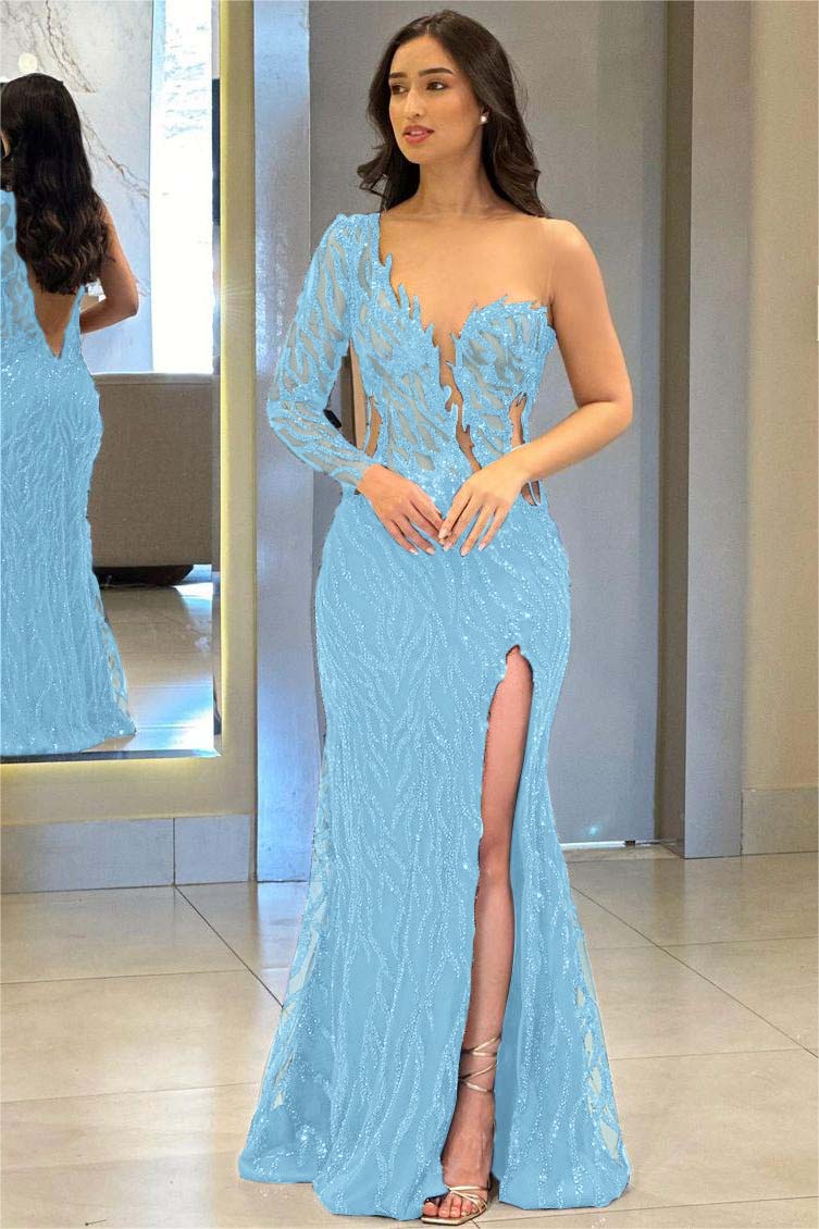One Shoulder Long Sleeve Backless Mermaid Prom Dress with Split Appliques