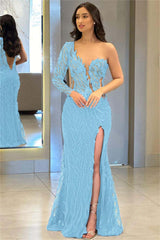 One Shoulder Long Sleeve Backless Mermaid Prom Dress with Split Appliques
