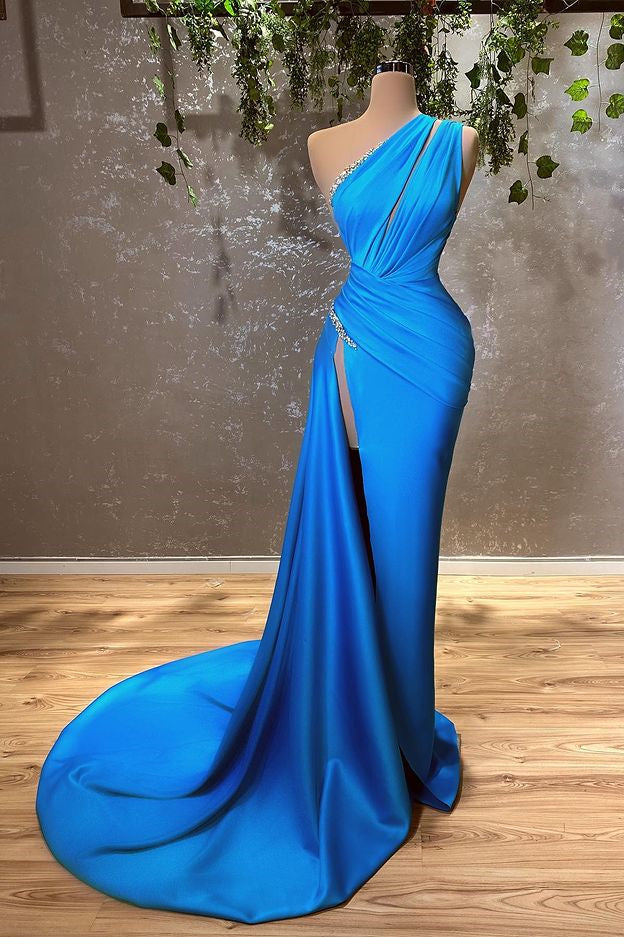Ocean Blue One Shoulder Mermaid Long Prom Dress with High Split
