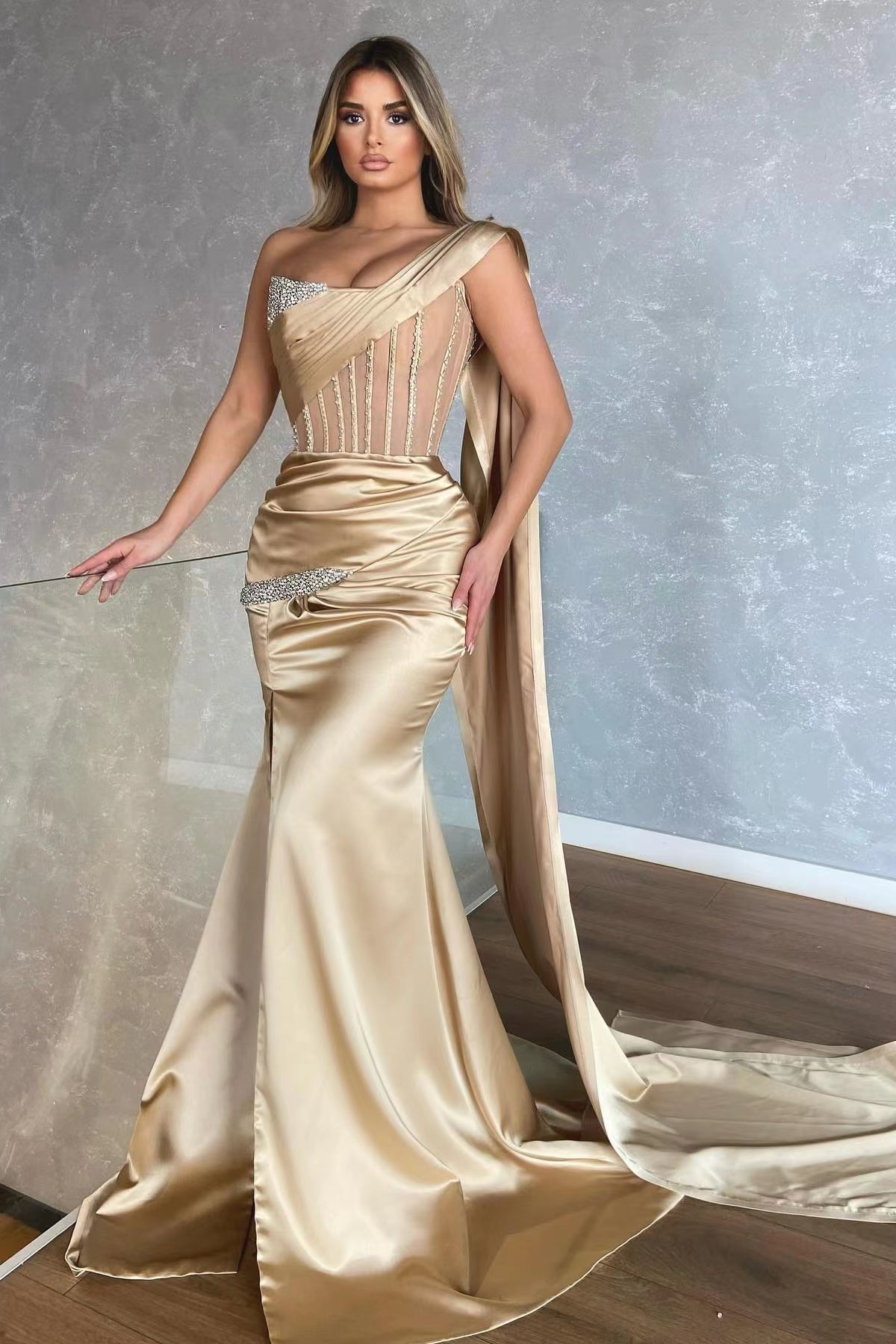 One Shoulder Champagne Mermaid Long Prom Dress with Split and Ruffles