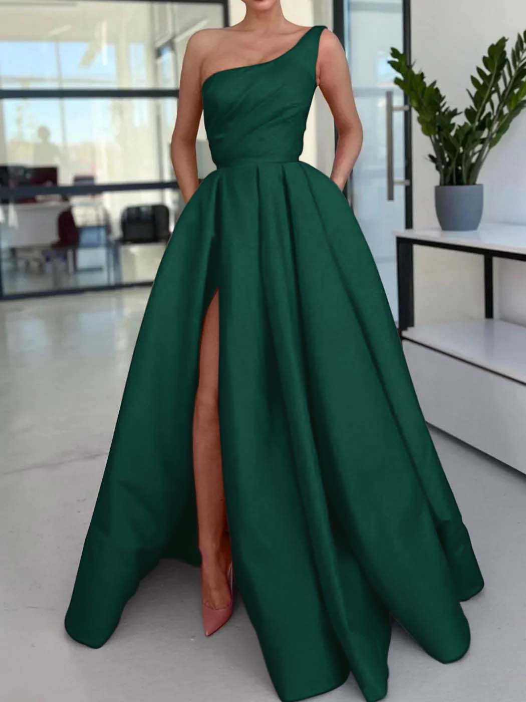 One Shoulder Long Prom Dress with Split and Pockets