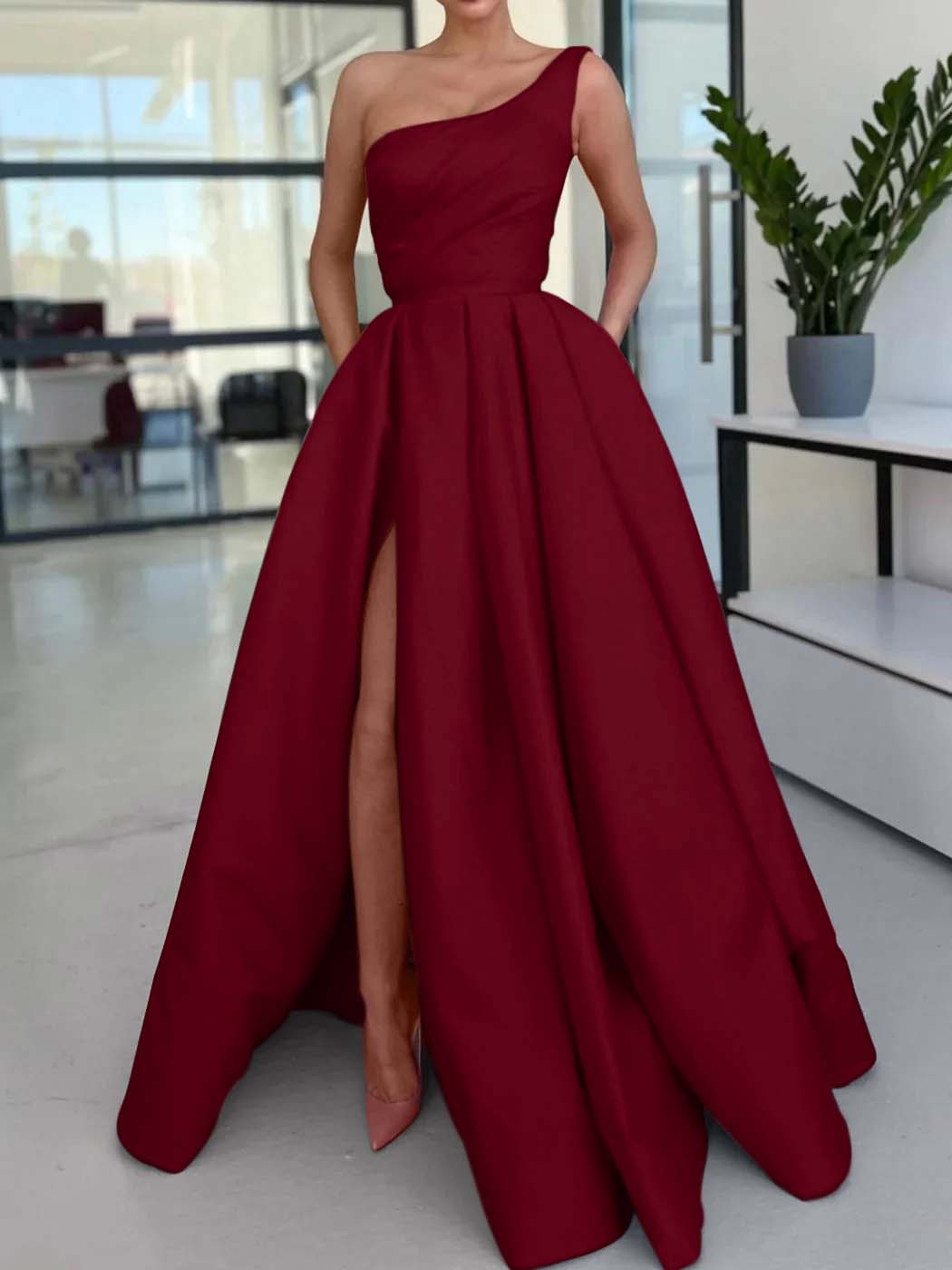 One Shoulder Long Prom Dress with Split and Pockets
