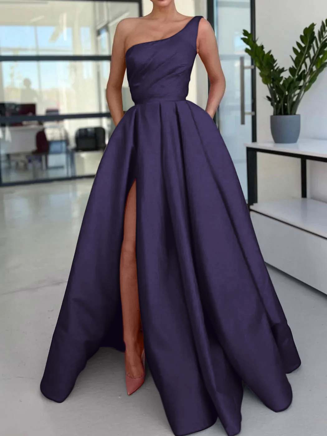 One Shoulder Long Prom Dress with Split and Pockets