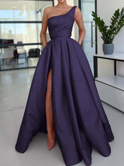 One Shoulder Long Prom Dress with Split and Pockets