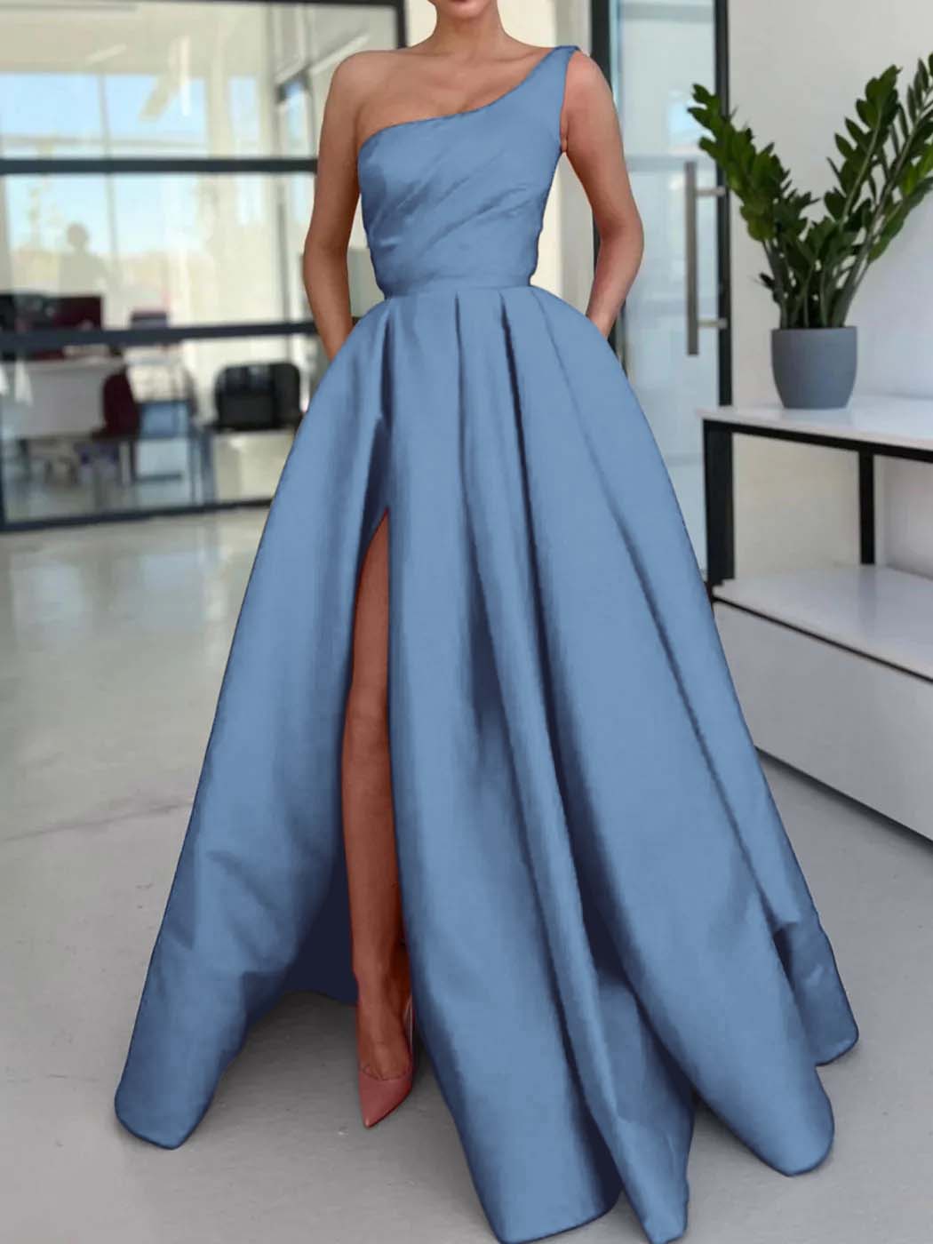One Shoulder Long Prom Dress with Split and Pockets