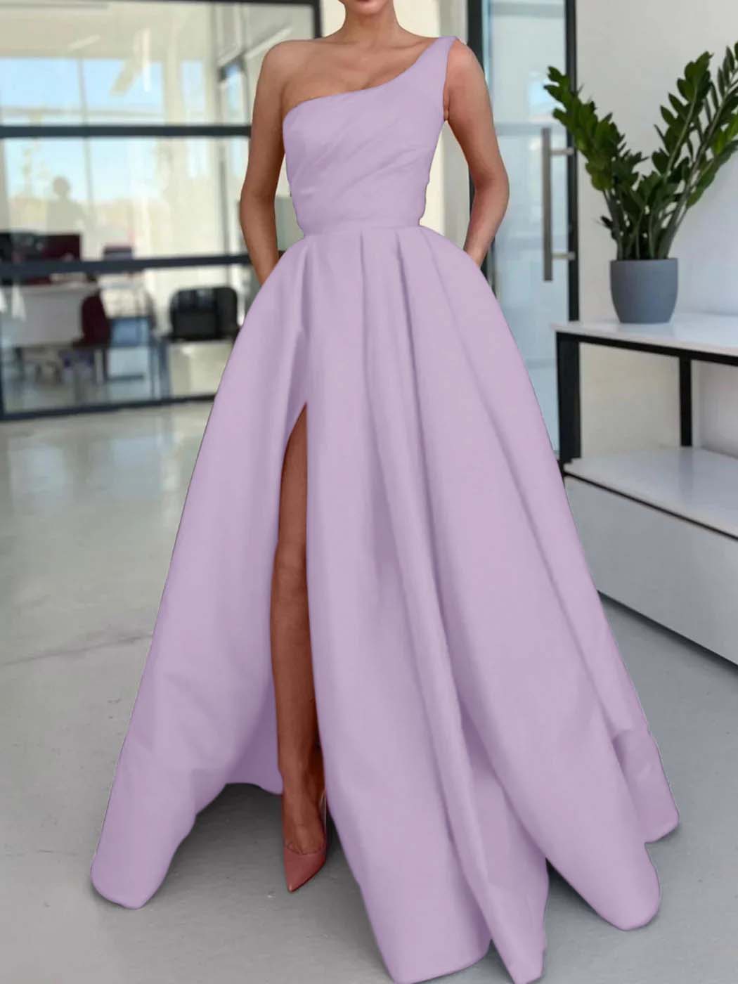 One Shoulder Long Prom Dress with Split and Pockets