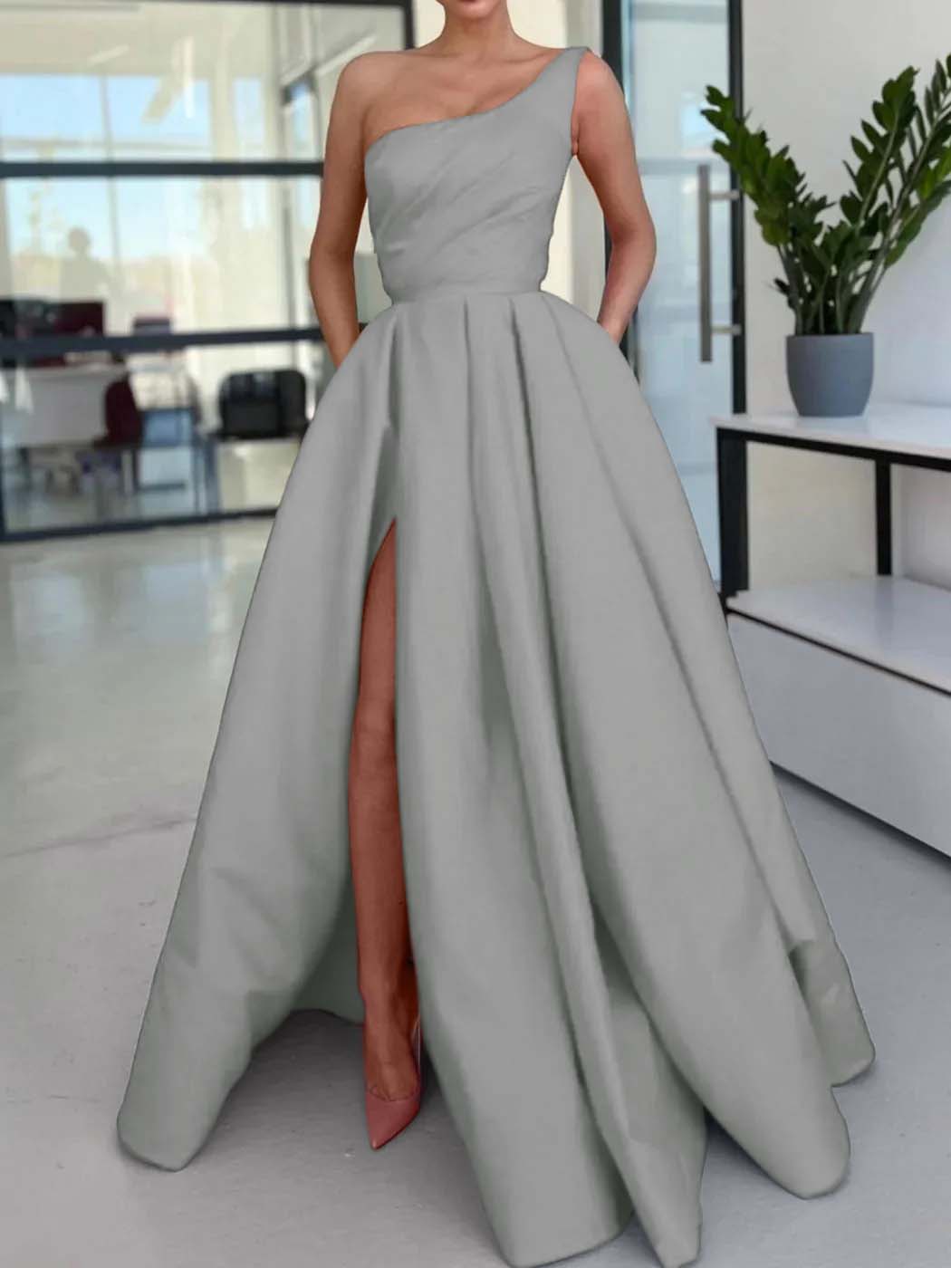 One Shoulder Long Prom Dress with Split and Pockets