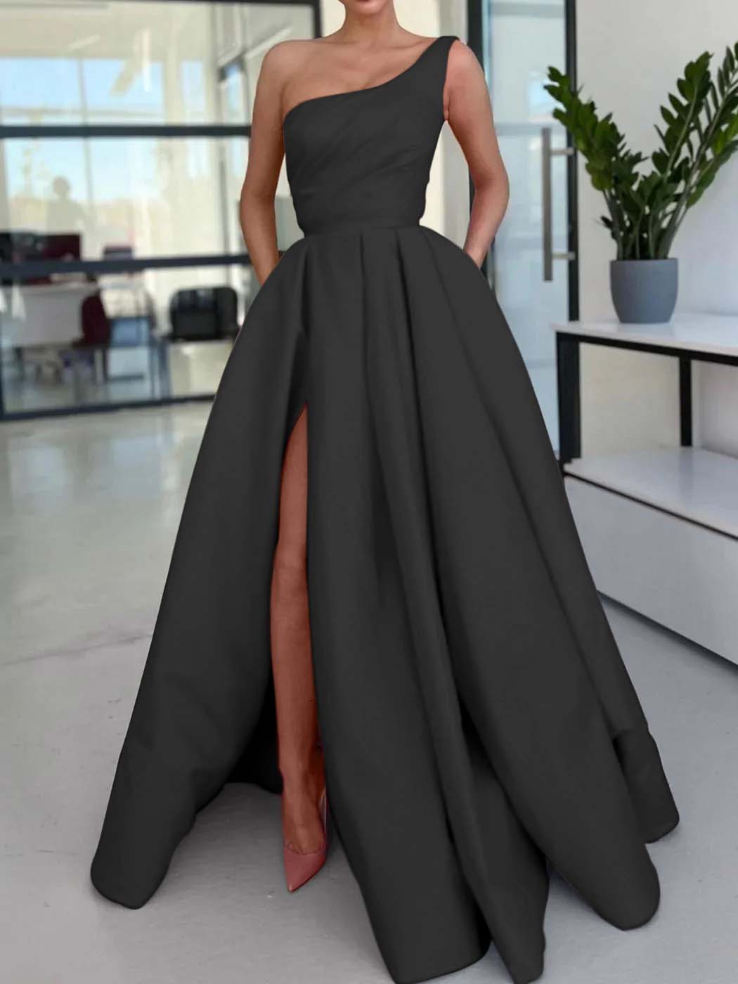 One Shoulder Long Prom Dress with Split and Pockets