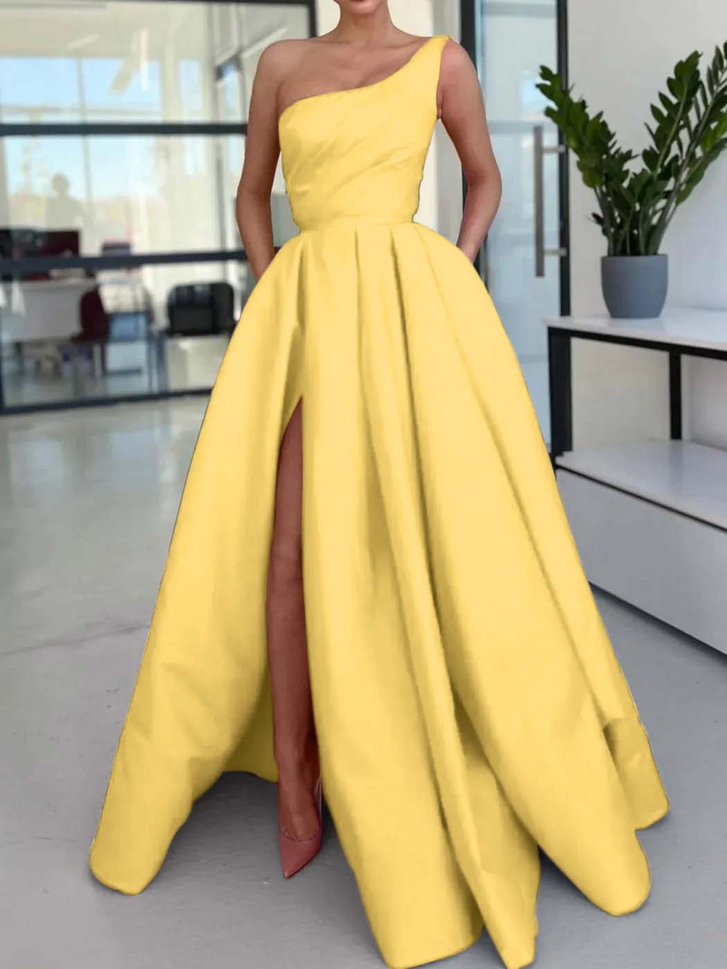 One Shoulder Long Prom Dress with Split and Pockets