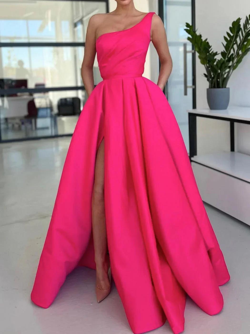 One Shoulder Long Prom Dress with Split and Pockets