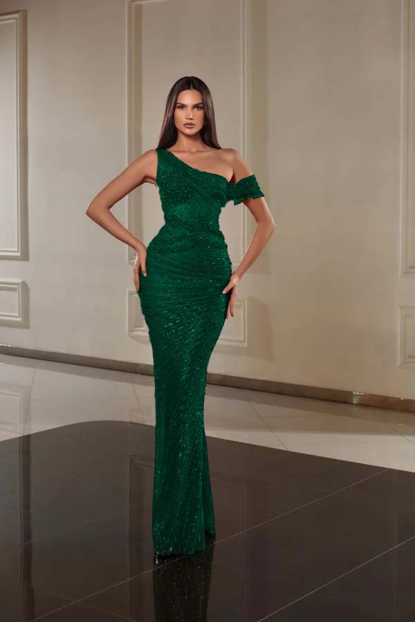 One Shoulder Mermaid Long Prom Dress with Beading