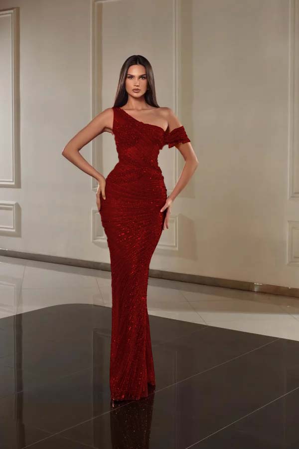 One Shoulder Mermaid Long Prom Dress with Beading