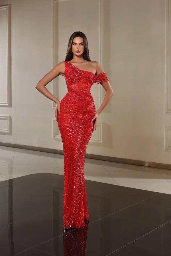 One Shoulder Mermaid Long Prom Dress with Beading