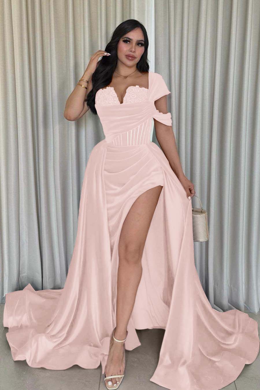 One Shoulder Mermaid Long Prom Dress with Split and Pleats