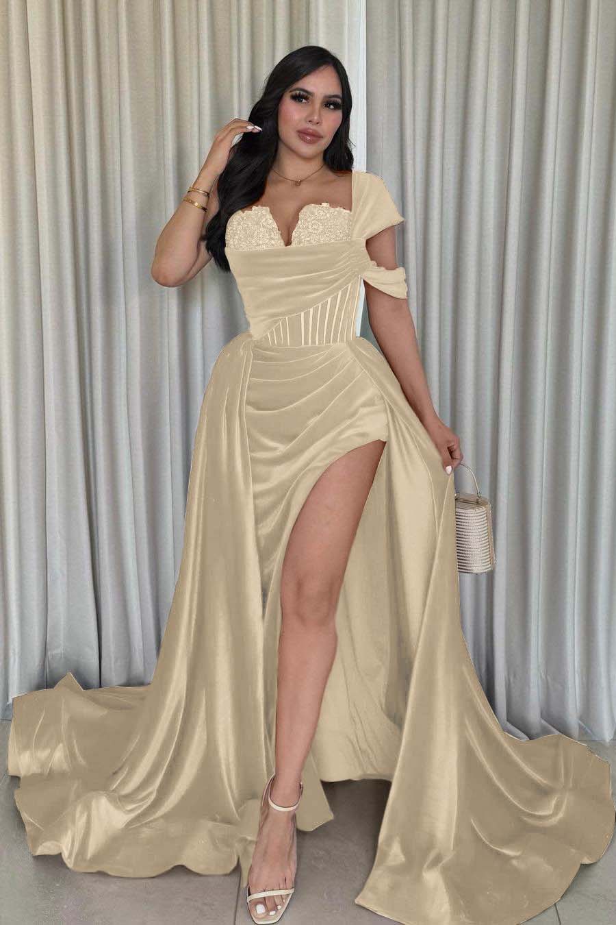 One Shoulder Mermaid Long Prom Dress with Split and Pleats