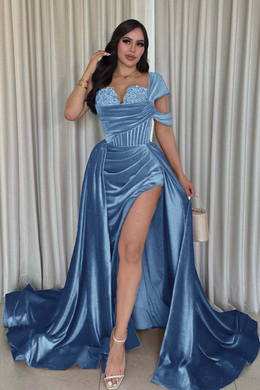 One Shoulder Mermaid Long Prom Dress with Split and Pleats