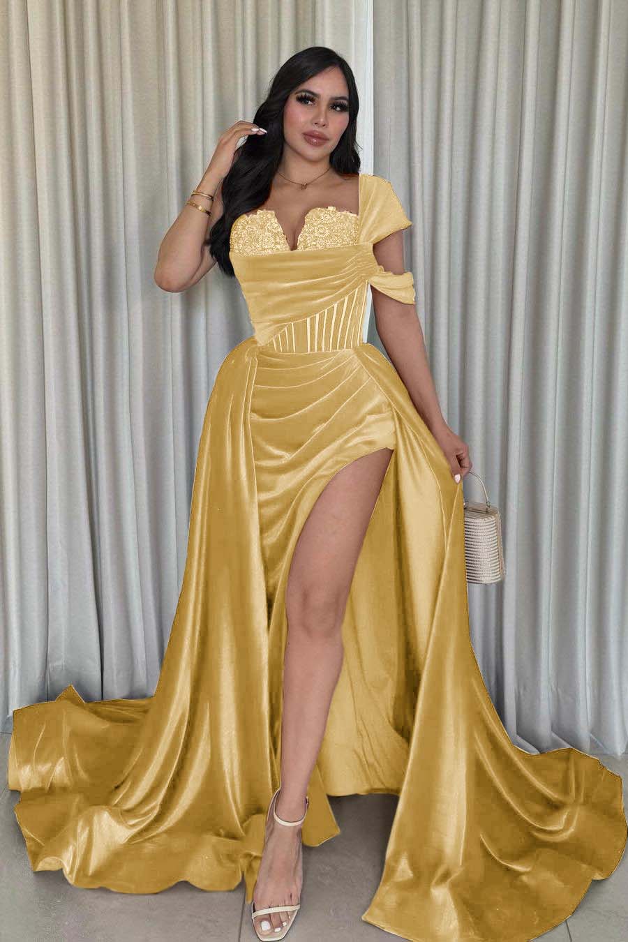 One Shoulder Mermaid Long Prom Dress with Split and Pleats