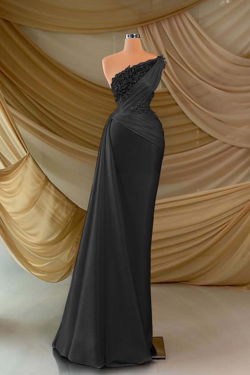 One Shoulder Long Prom Dress with Appliques and Ruffles