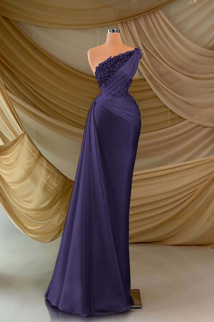 One Shoulder Long Prom Dress with Appliques and Ruffles