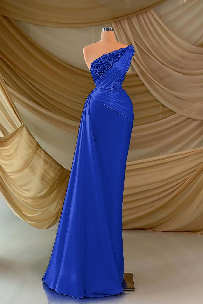 One Shoulder Long Prom Dress with Appliques and Ruffles