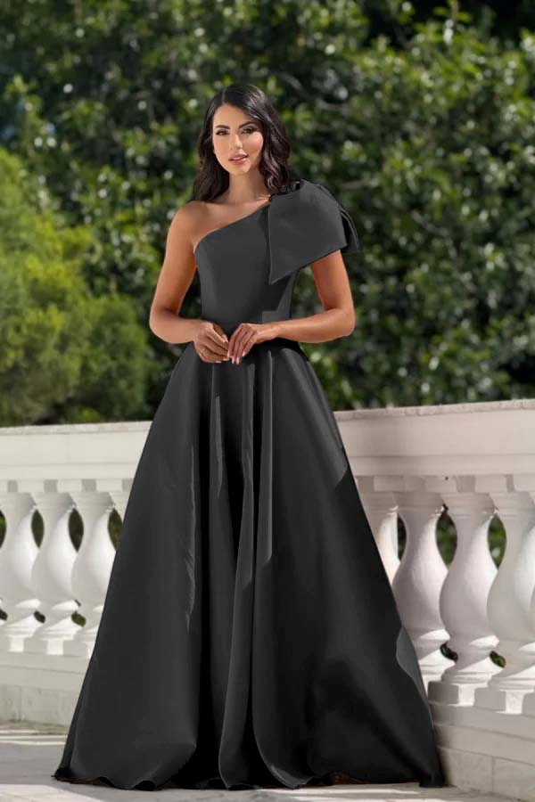 One Shoulder Long Pleated Prom Dress with Bowknot