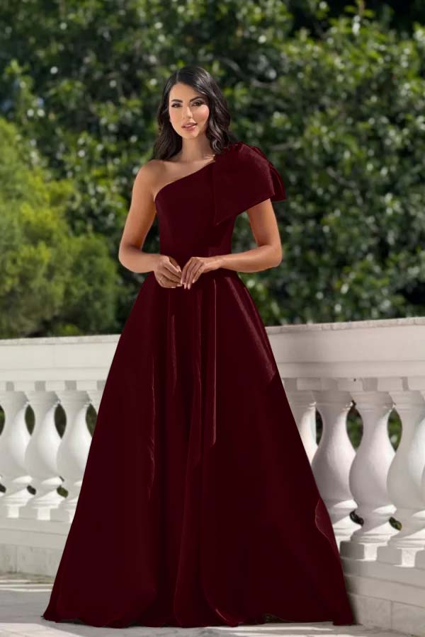 One Shoulder Long Pleated Prom Dress with Bowknot