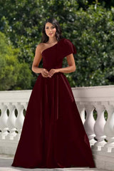 One Shoulder Long Pleated Prom Dress with Bowknot