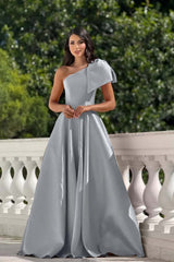 One Shoulder Long Pleated Prom Dress with Bowknot