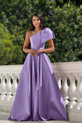 One Shoulder Long Pleated Prom Dress with Bowknot