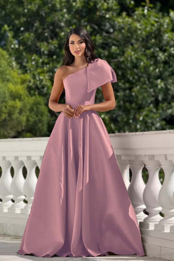 One Shoulder Long Pleated Prom Dress with Bowknot