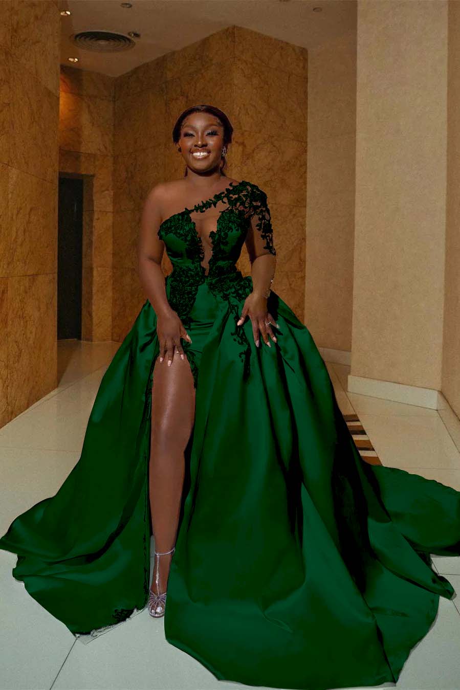 One Shoulder Long Prom Dress with Split Appliques
