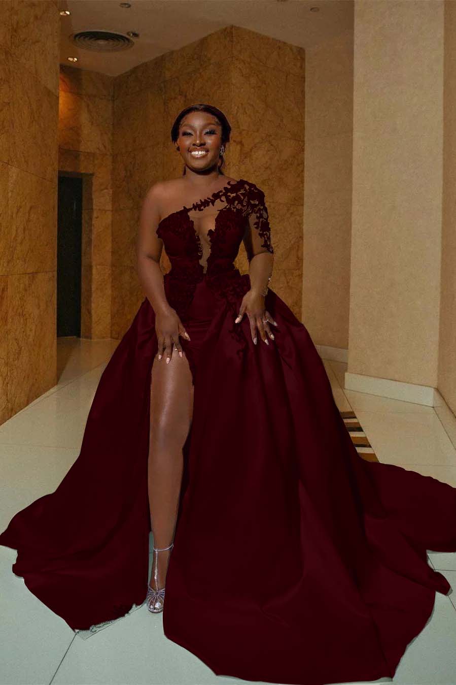 One Shoulder Long Prom Dress with Split Appliques